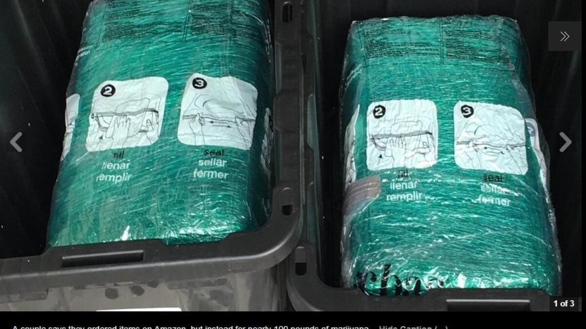 Slightly more than 63 pounds of marijuana, wrapped in boxes, wound up in four plastic storage bins an Orlando couple ordered from Amazon, WFTV reported.