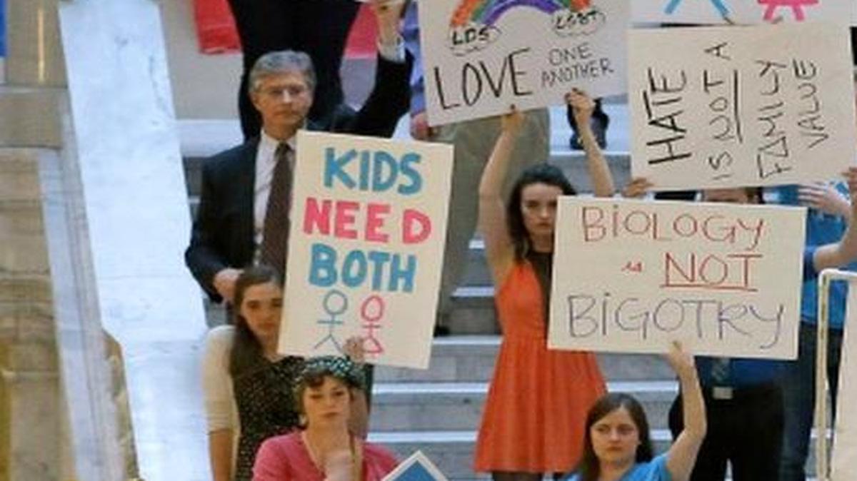 
Opponents of same-sex marriage hold a rally at the Utah State Capitol Tuesday in Salt Lake City. 
