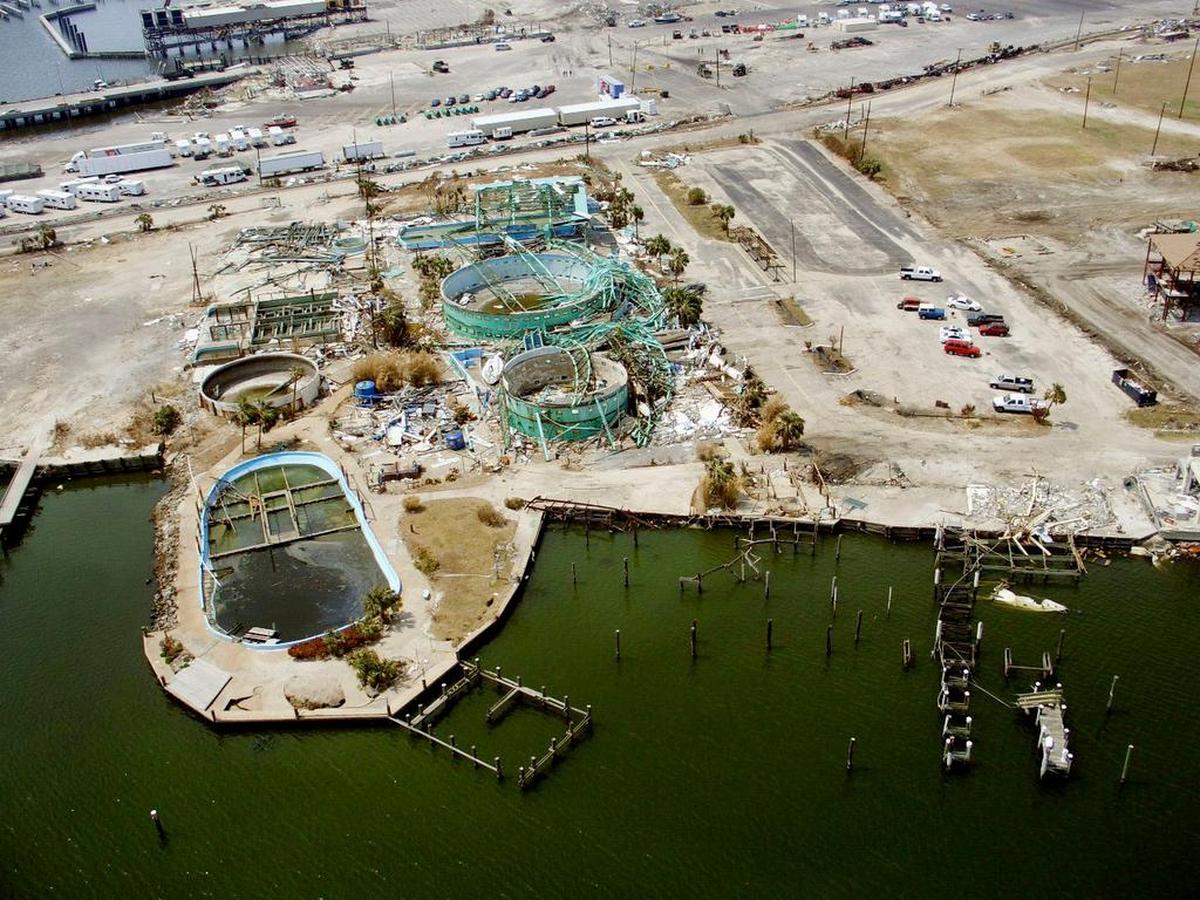 NOAA aerial imageof the damage done to the Marine Life Aquarium in Gulfport, Miss., by Hurricane Katrina, which generated a wave so large that it washed out bottlenose dolphins into the Gulf of Mexico.