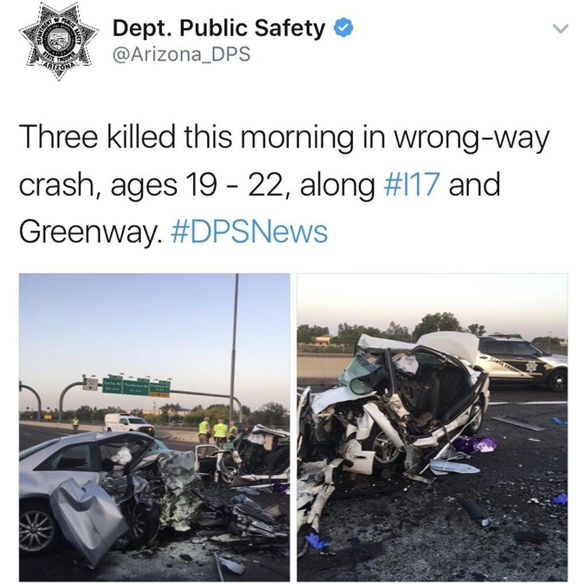 An Arizona Department of Public Safety tweet that showed the aftermath of the crash that killed sisters Karli and Kelsey Richardson and a 21-year-old man. (The correct ages were actually 18-21.)