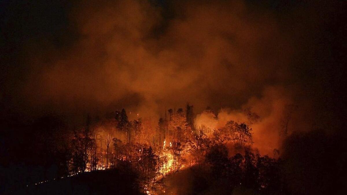 A wildfire crackles as it approaches Bat Cave in this November photo.