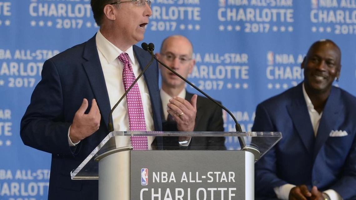Governor Pat McCrory thanks NBA Commissioner Adam Silver and pokes fun at Michael Jordan during a press conference announcing Charlotte would host the 2017 NBA All-Star game. Atlanta is lobbying the NBA to move the game there after the passage of House Bill 2 last week.