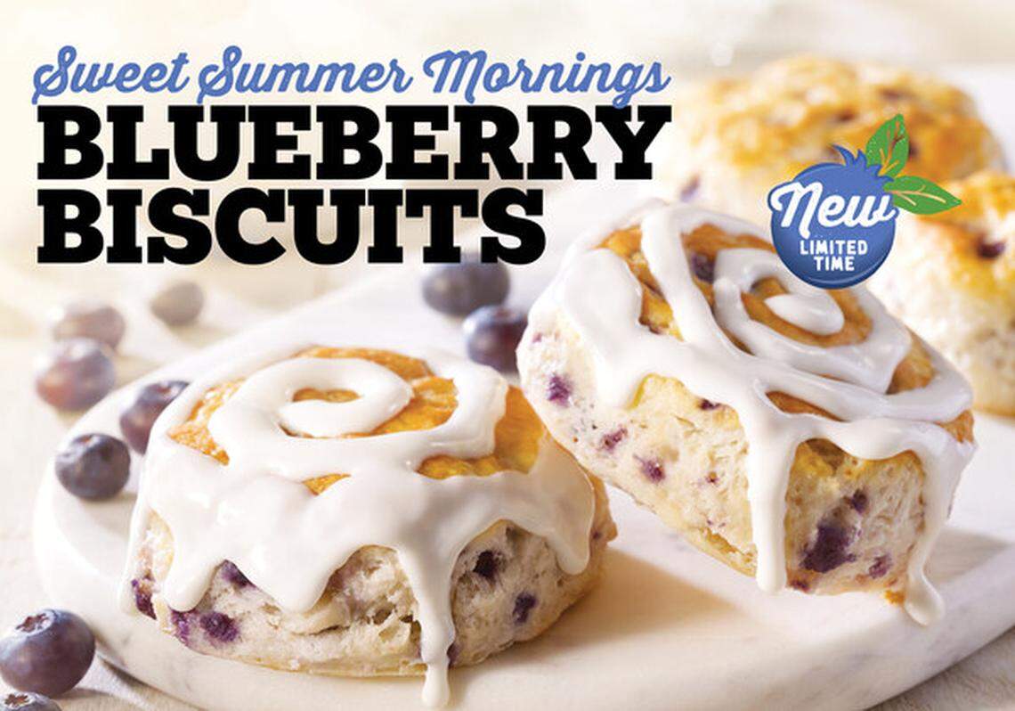 Hardee’s new blueberry biscuits are available now through Sept. 2, the fast-food chain said.