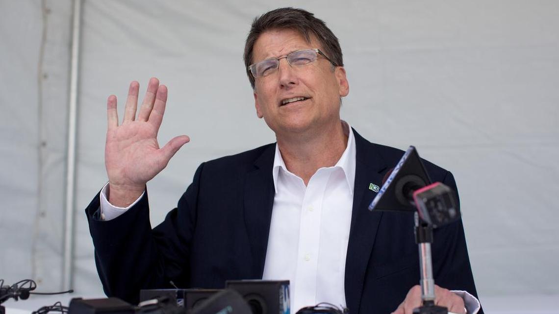 North Carolina Gov. Pat McCrory speaks to the media about House Bill 2 following a Novo Nordisk groundbreaking ceremony Monday, March 28, 2016, in Clayton.