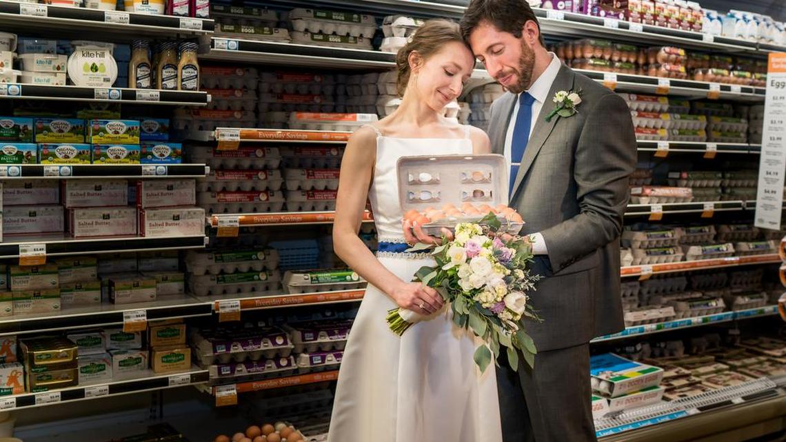 One year after getting engaged at Whole Foods in Chapel Hill, Ross and Jacqueline Aronson returned to the floral department Feb. 24, 2018, to get married.