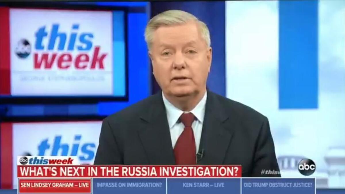 U.S. Sen. Lindsey Graham said Sunday on ABC’s “This Week” that if President Donald Trump fired special counsel Robert Mueller, it would be the end of Trump’s presidency, and “everybody in the White House knows” it.