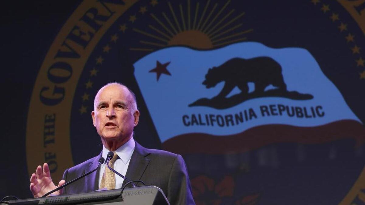 FILE - This May 18, 2016 file photo California Gov. Jerry Brown gestures during a community event in Sacramento, Calif. Brown is endorsing Hillary Clinton just a week before the state's June 7 primary.