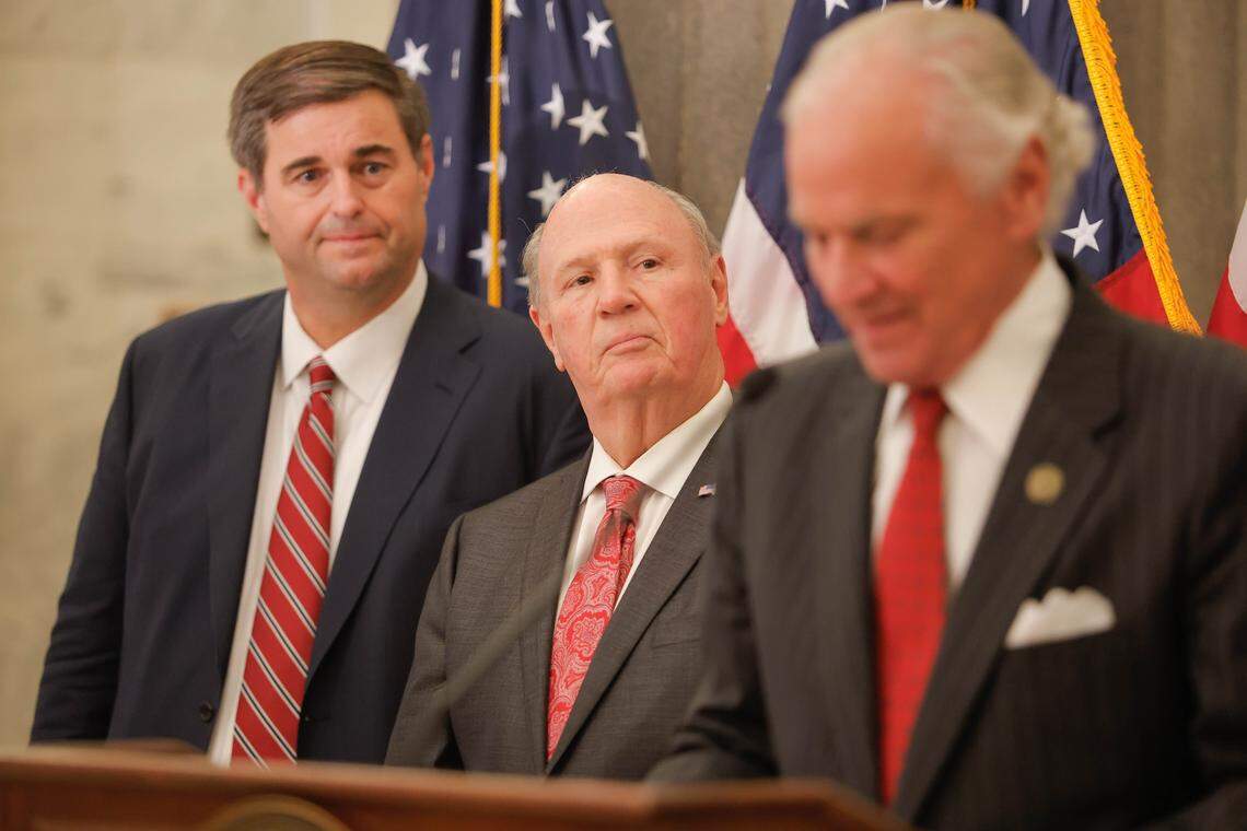 S.C. House Speaker Murrell Smith and S.C. Senate Pres. Thomas Alexander during a press conference at the statehouse in Columbia, S.C. on Wednesday, Nov. 6, 2024. (Travis Bell/STATEHOUSE CAROLINA)