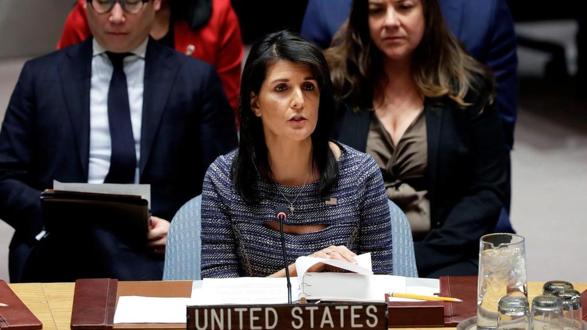 U.S. Ambassador Nikki Haley speaks in favor of a resolution, Friday, Dec. 22, 2017, at United Nations headquarters. The Security Council is voting on proposed new sanctions against North Korea, including sharply lower limits on its refined oil imports, the return home of all North Koreans working overseas within 12 months, and a crackdown on the country's shipping.