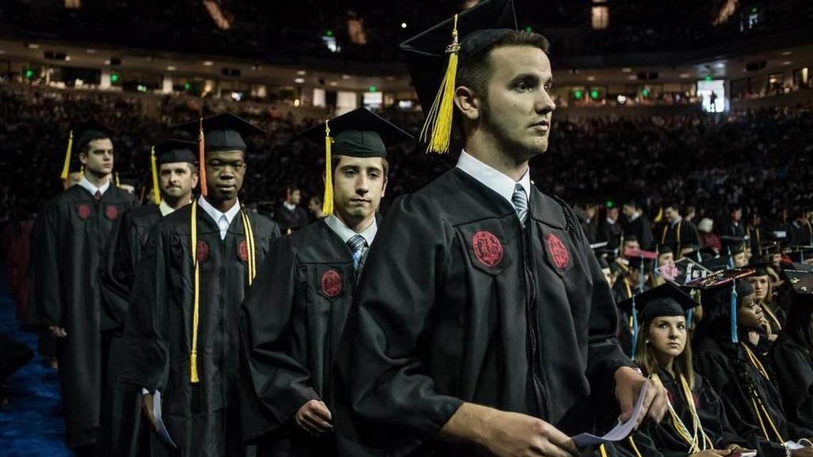 Students gathered with faculty, friends and families at the Colonial Life Arena to celebrate University of South Carolina’s new graduates in May 2015.