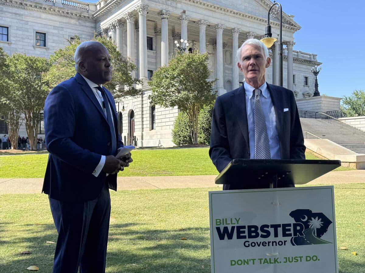 Greenville businessman Billy Webster, who is running for the Democratic nomination for governor, speaks outside of the South Carolina State House on Thursday May 14, 2026, after former Columbia Mayor Steve Benjamin endorsed his campaign.