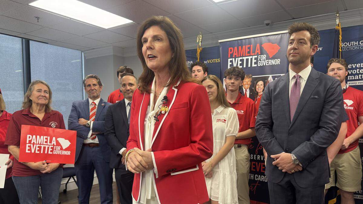 Lt. Gov. Pamela Evette speaks to the media on Thursday, March 26, 2026, at the South Carolina Election Commission office after filing to run for governor.