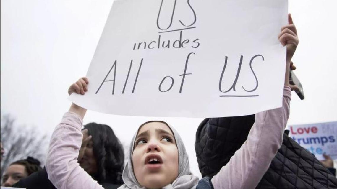 Saira Brohi, 10, protests at Greenville-Spartanburg International Airport on Sunday, Jan. 29, 2017