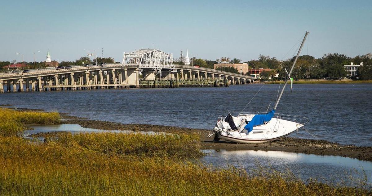 The storm surge from Hurricane Matthew carried this boats across the marsh and set them next to Sea Island Parkway in Beaufort, SC.