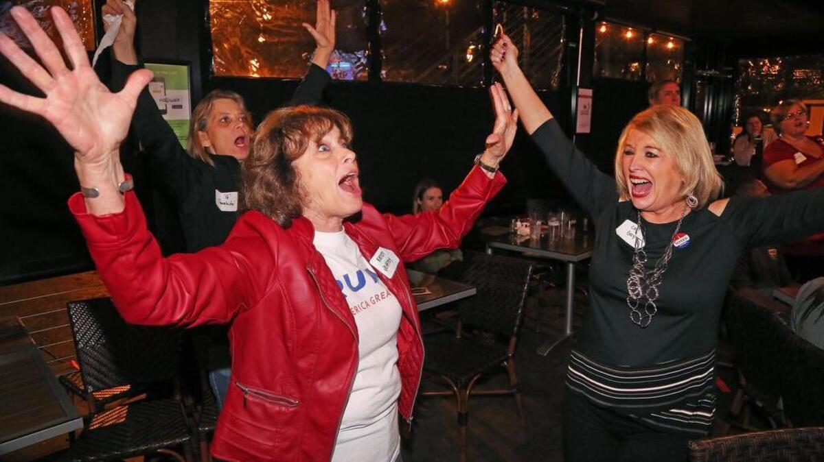 Donald Trump supporters Wanda Gamache, Karen Jeffrey and Caryl Gayle celebrate after the presidential results from Florida are announced Tuesday night inside Hickory Tavern in Columbia, .