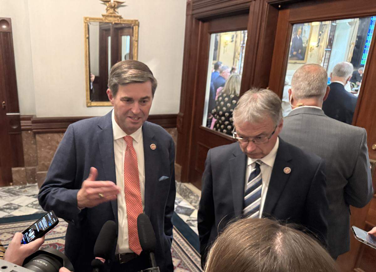 South Carolina Speaker of the House Murrell Smith and House Majority Leader Davey Hiott explain their plan to amend the sine die agreement to include redistricting to be discussed after the end of the current legislative session, which ends May 14. The pair addressed State House reporters outside the House chamber Tuesday, May 5, 2025.