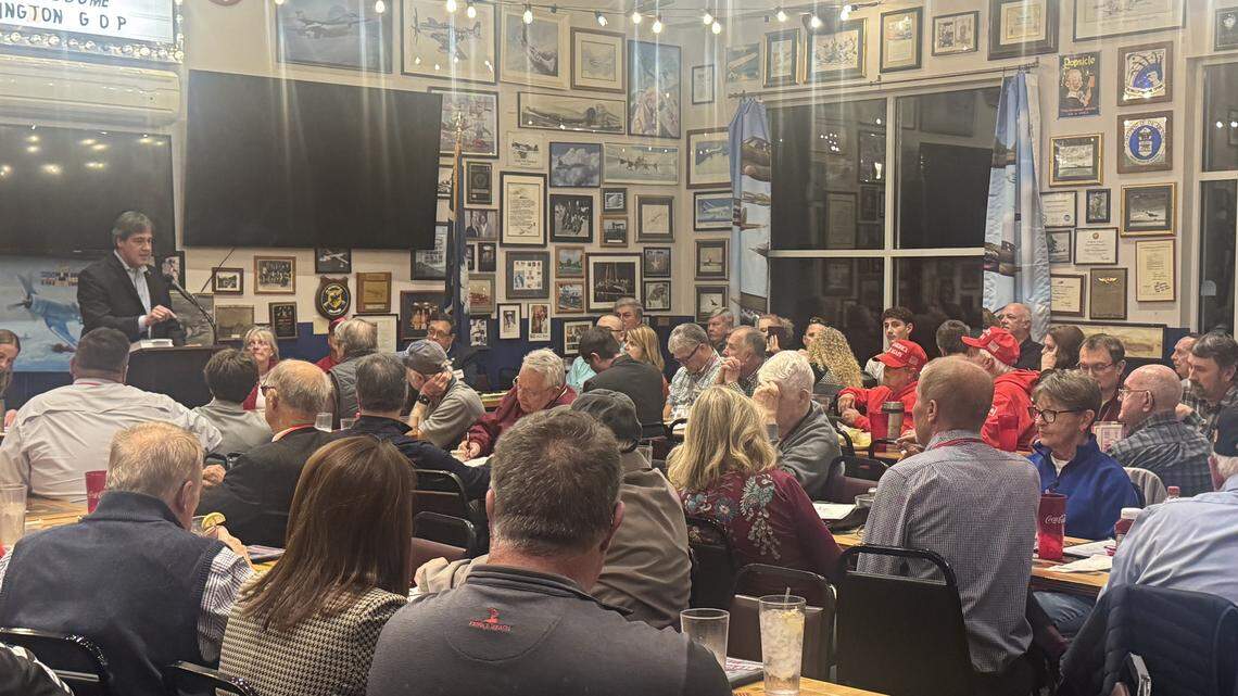 Republican U.S. Senate hopeful Paul Dans, who is hoping to unseat U.S. Sen. Lindsey Graham in the GOP primary, speaks to the Lexington County Republican Party Monday, Jan. 5, 2026 at the Flight Deck restaurant. During his remarks, Roxanne Wilson, the wife of U.S. Rep. Joe Wilson, questioned whether he had any chance to beat Graham.