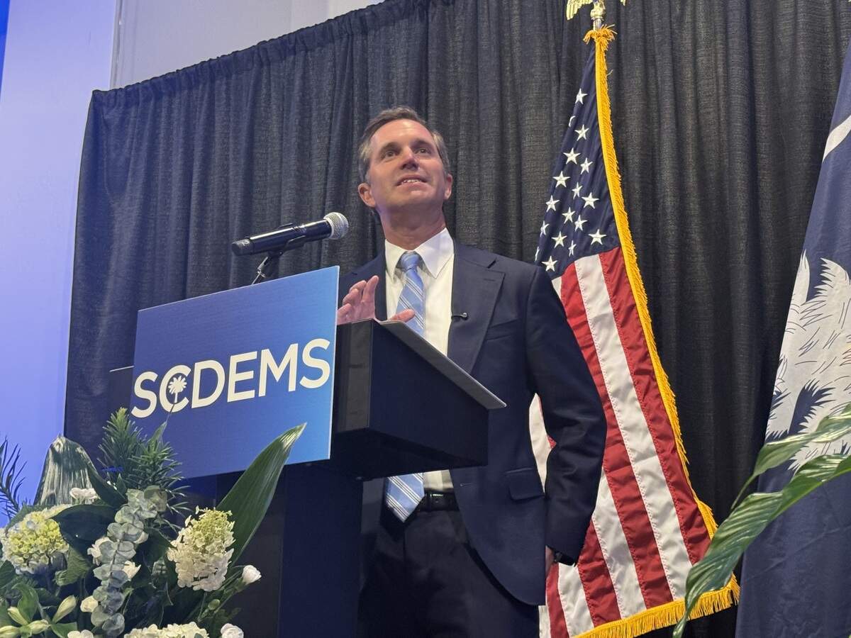 Kentucky Gov. Andy Beshear speaks at the South Carolina Democratic Party’s Blue Palmetto Dinner on Friday, May 29, 2026 at the state fairgrounds.
