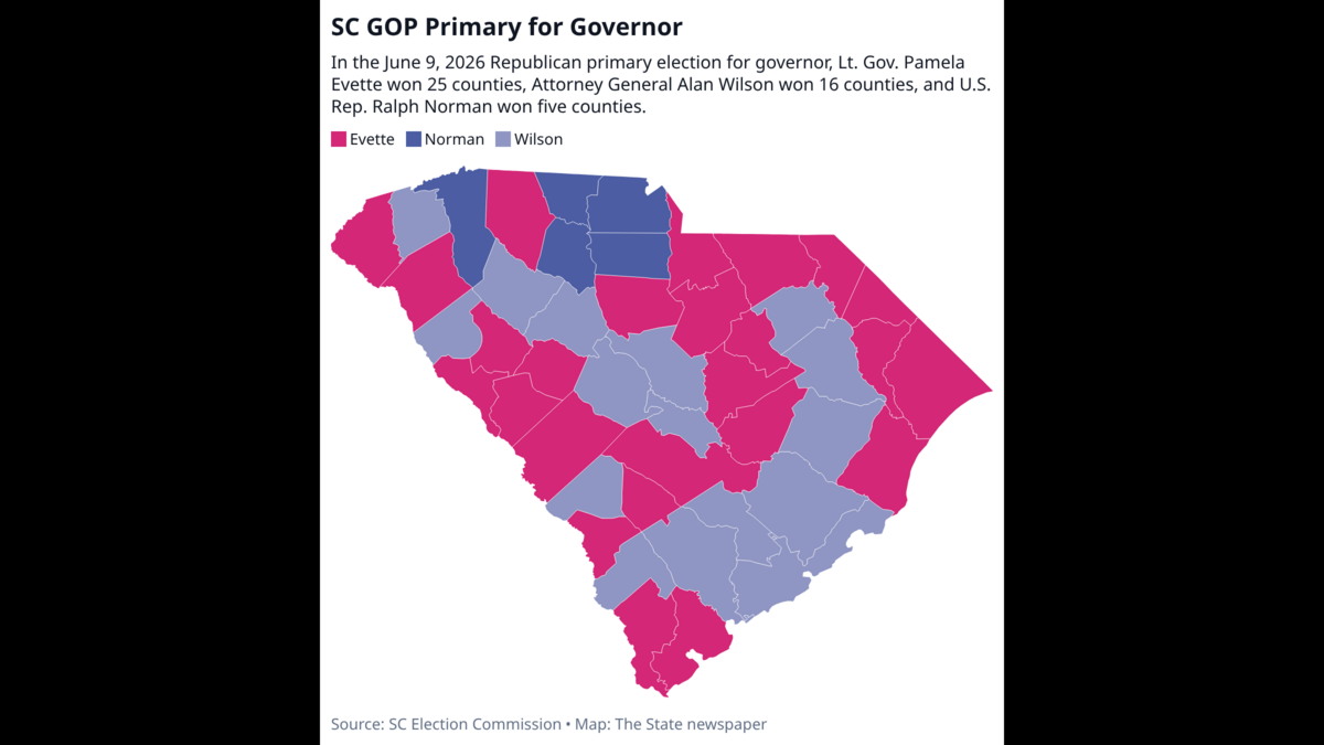 Who had the most votes each county in South Carolina in the June 9 Republican primary for governor.