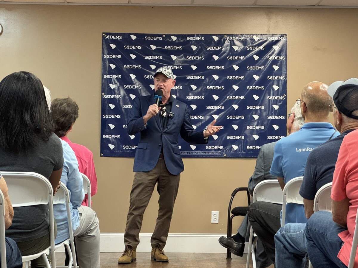 U.S. Sen. Mark Kelly, D-Arizona, speaks at a South Carolina Democratic Party event on Friday, Oct. 2, 2026 at the T-Motion Dance Studio in Mauldin.