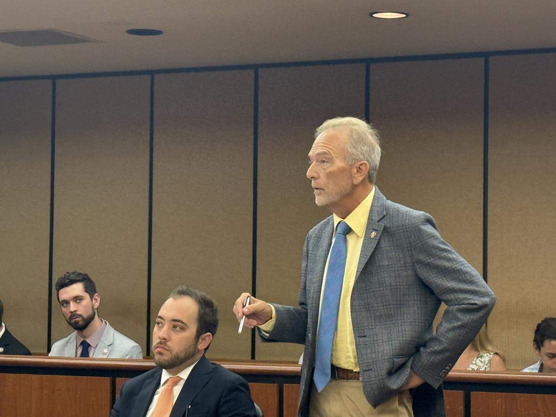 State Sen. Brad Hutto, D-Orangeburg, one of the lawyers for Anne Crook in a lawsuit against the State Election Commission over voter privacy data, speaks to Judge Daniel Coble on Friday, Sept. 26, 2025 in a Richland County courtroom.