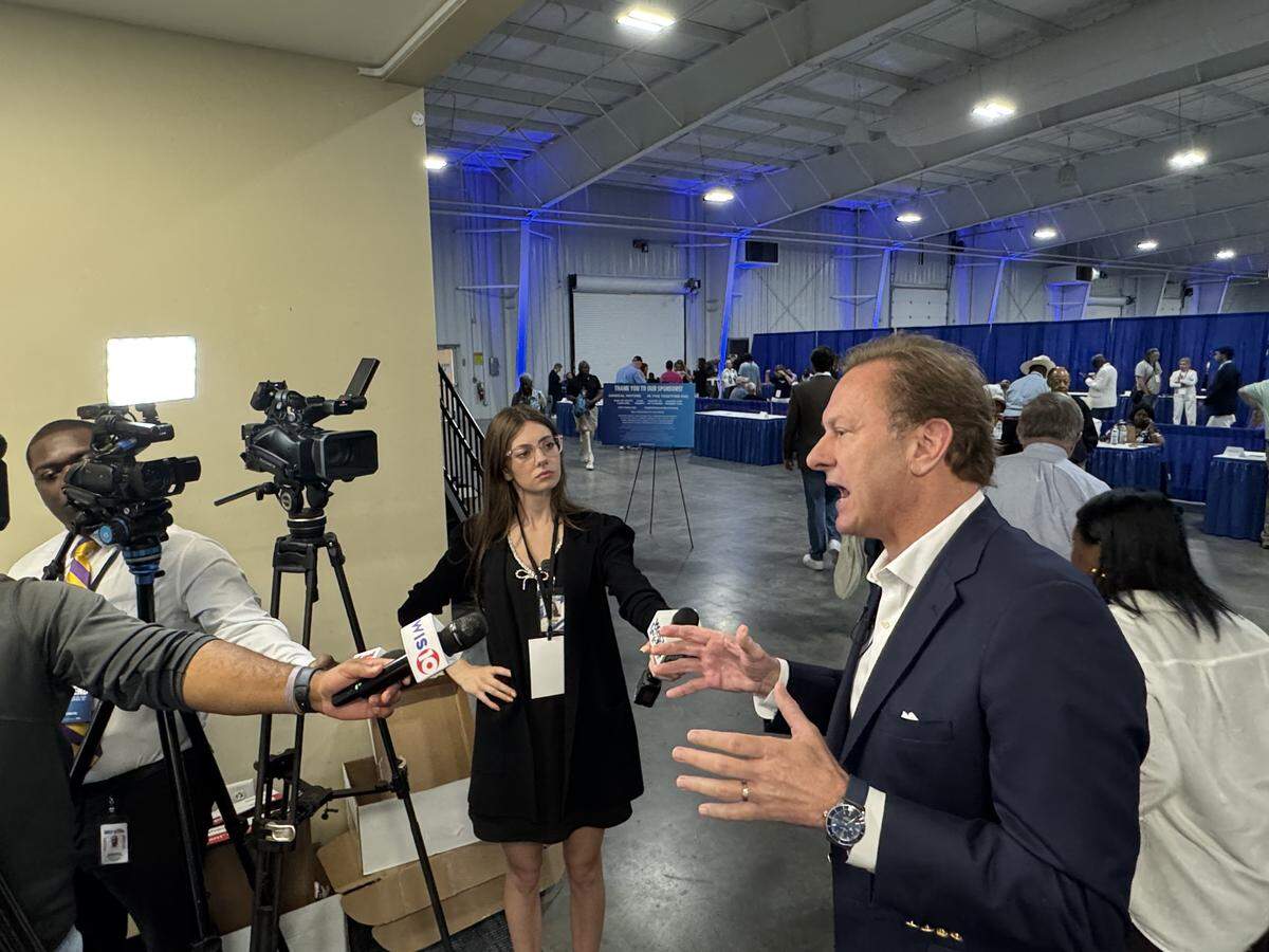 Charleston Attorney Mullins McLeod speaks to members of media on Saturday, May 30, 2026 about his decision not to participate at the South Carolina Democratic Party Convention.