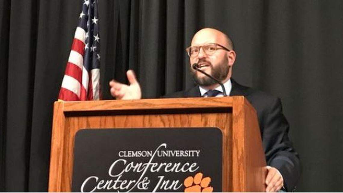 SC Democratic Party chairman Trav Robertson speaks at an event for 3rd District candidate for Congress Mary Geren in Clemson, SC, on Tuesday, Aug. 28, 2018.