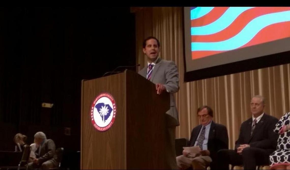 New Spartanburg County GOP chairman Josh Kimbrell speaks to members of the county party at their biannual convention Saturday at Boiling Springs Middle School.