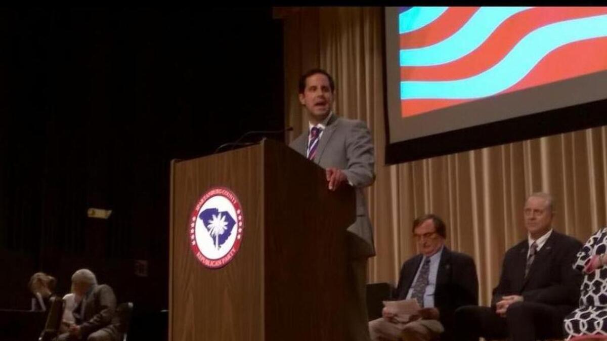 New Spartanburg County GOP chairman Josh Kimbrell speaks to members of the county party at their biannual convention Saturday at Boiling Springs Middle School.