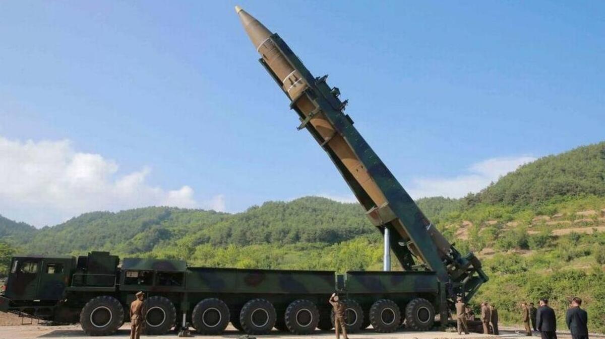 North Korean leader Kim Jong Un, second from right, inspects a Hwasong-14 intercontinental ballistic missile earlier this year.