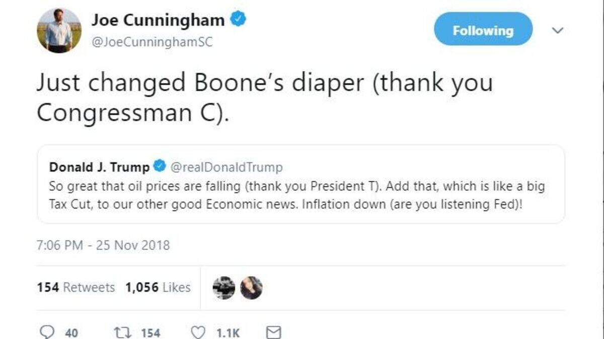 U.S. Rep-elect Joe Cunningham, D-Charleston, tweets congratulations to “Congressman C” for changing his son’s diaper, following a similar tweet from President Donald Trump on Sunday, Nov. 25, 2018.