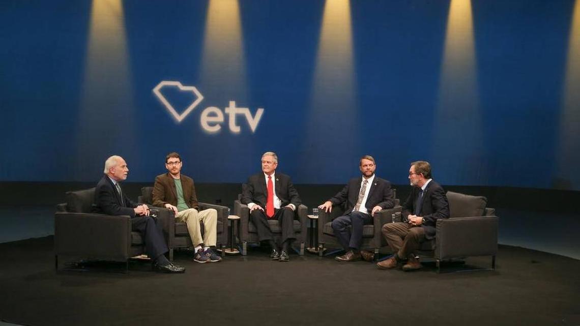 Candidates for the 5th District special election gather for an SC ETV forum on June 15. From left are moderator Charles Bierbauer, Green Party nominee David Kulma, Republican Ralph Norman, American Party nominee Josh Thornton and Democrat Archie Parnell.
