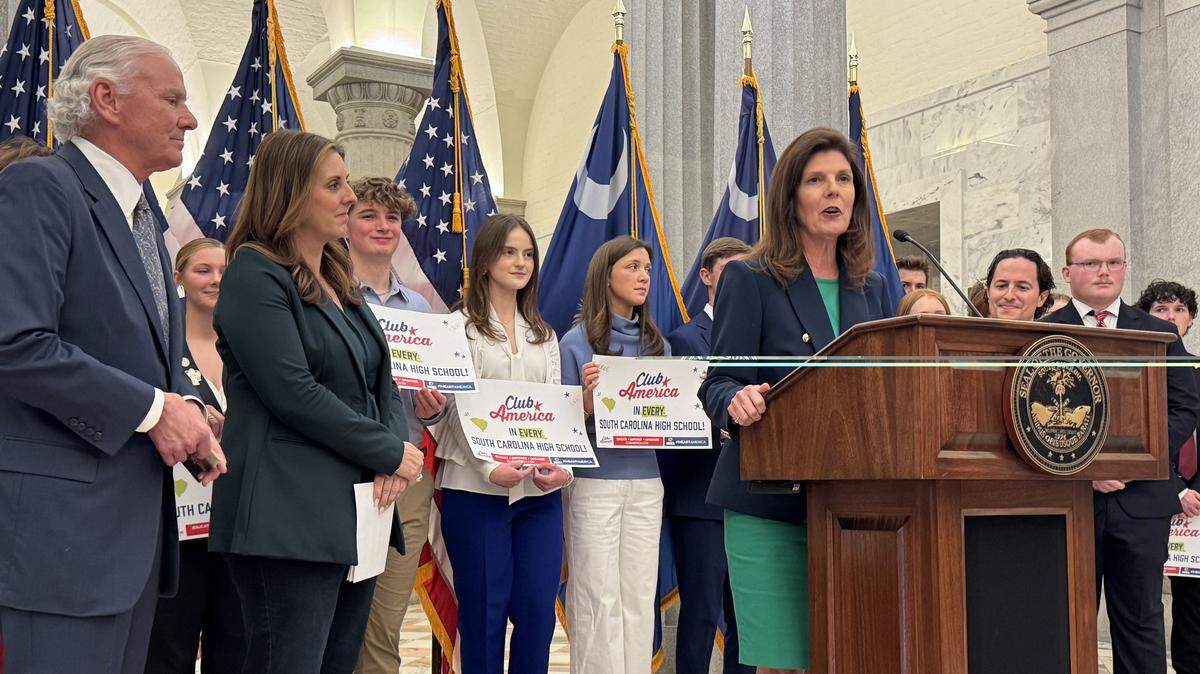 Lt. Gov. Pamela Evette speaks at an event on Friday, April 10, 2026, at the South Carolina State House with Turning Point USA to promote the organization’s Club America program for high schools. Evette is one of seven people seeking the Republican nomination for governor.