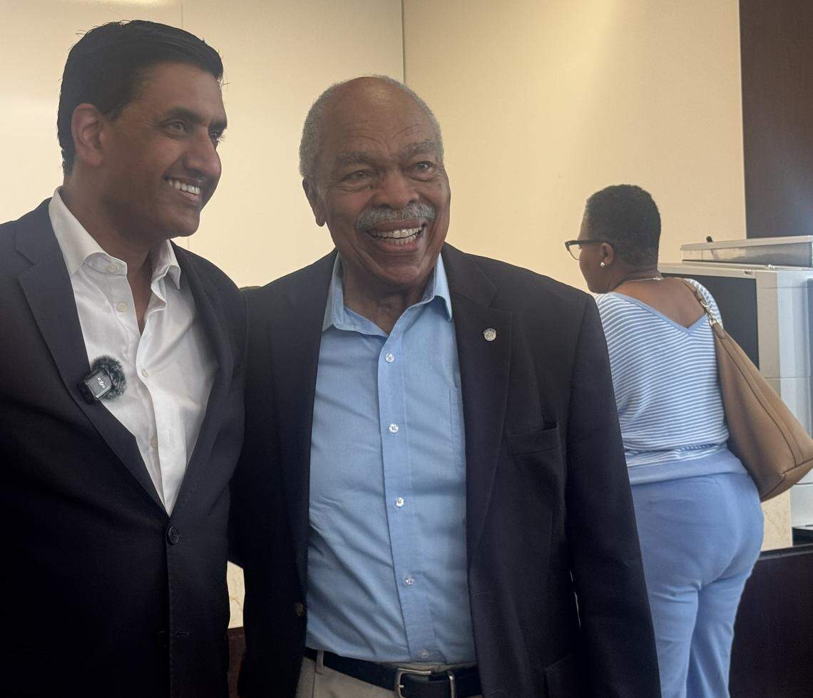 U.S. Rep. Ro Khanna, D-California, (left) poses for a photo with former state Rep. James Felder (right) at a reception at Optus Bank in Columbia on Friday, July 18, 2025.