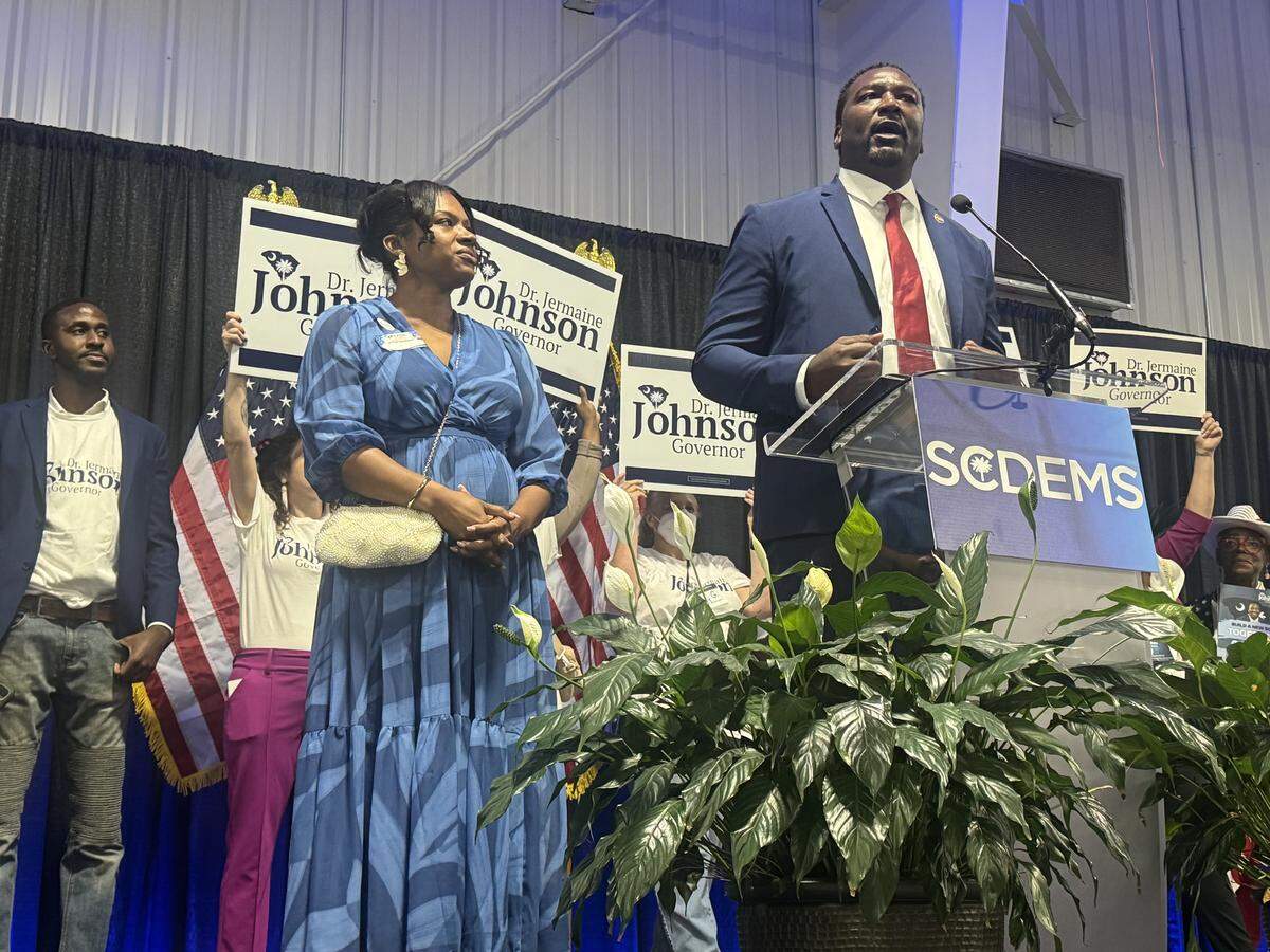State Rep. Jermaine Johnson speaks at the South Carolina Democratic Party Convention on Saturday, May 30, 2026 at the state fairgrounds as he seeks the party’s nomination for governor.