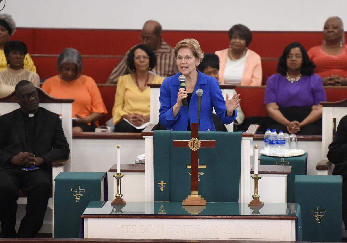 Democratic presidential hopeful Elizabeth Warren addresses congregants at Reid Chapel AME Church on Sunday, Aug. 18, 2019, in Columbia, S.C. (AP Photo/Meg Kinnard)