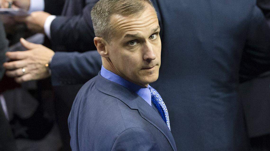 FILE - In this April 18, 2016 file photo, Corey Lewandowski, campaign manager for Republican presidential candidate Donald Trump, appears at a campaign stop at the First Niagara Center in Buffalo, N.Y. CNN has hired Lewandowski as a commentator on the campaign, only days after he was fired by Trump.  (AP Photo/John Minchillo, File)