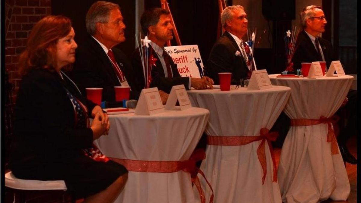 Republican candidates for the 5th District speak during a debate in Spartanburg on Monday. From left to right: Sheri Few, former Rep. Ralph Norman, Ray Craig, S.C. House Speaker Pro Tempore Tommy Pope and Chad Connelly. The Palmetto House Republican Women sponsored the event, which was moderated by former S.C. GOP chairwoman Karen Floyd.