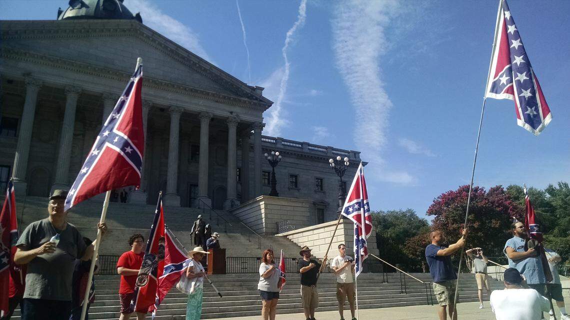 Supporters of the Confederate flag rally at the S.C. State House on July 10, 2018, for the third annual raising of the Confederate flag on the anniversary of its removal from the State House grounds.
