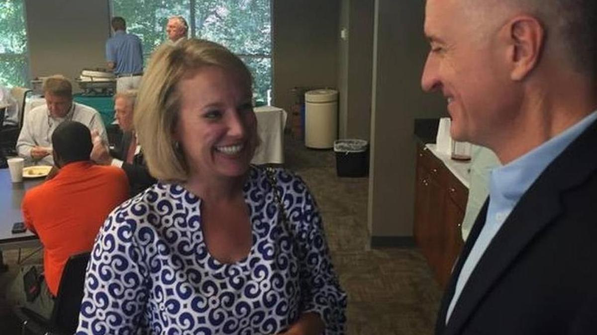 Catherine Templeton, a possible Republican candidate for governor, speaks with GOP nominee for state representative Jason Elliott of Greenville at the Greenville Chamber last fall.