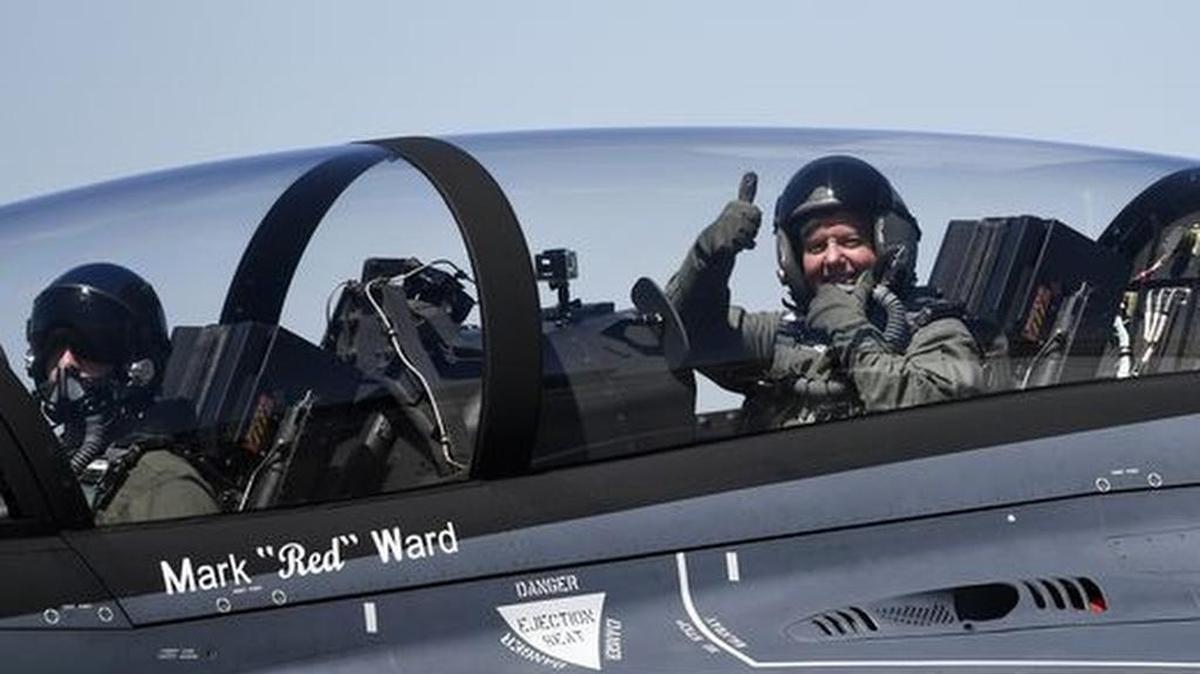 U.S. Sen. Lindsey Graham gives a thumbs up after going on a test flight in a Lockheed Martin T-50A at the Lockheed Martin Greenville Operations 244 Terminal on Monday, April 10, 2017.