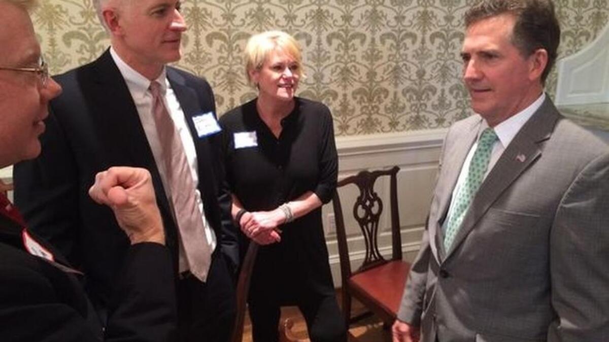 
Former Sen. Jim DeMint of Greenville, right, speaks to, left to right, Brian Aufmuth, Jason Elliott and Susan Reynolds at the Poinsett Club Monday.
