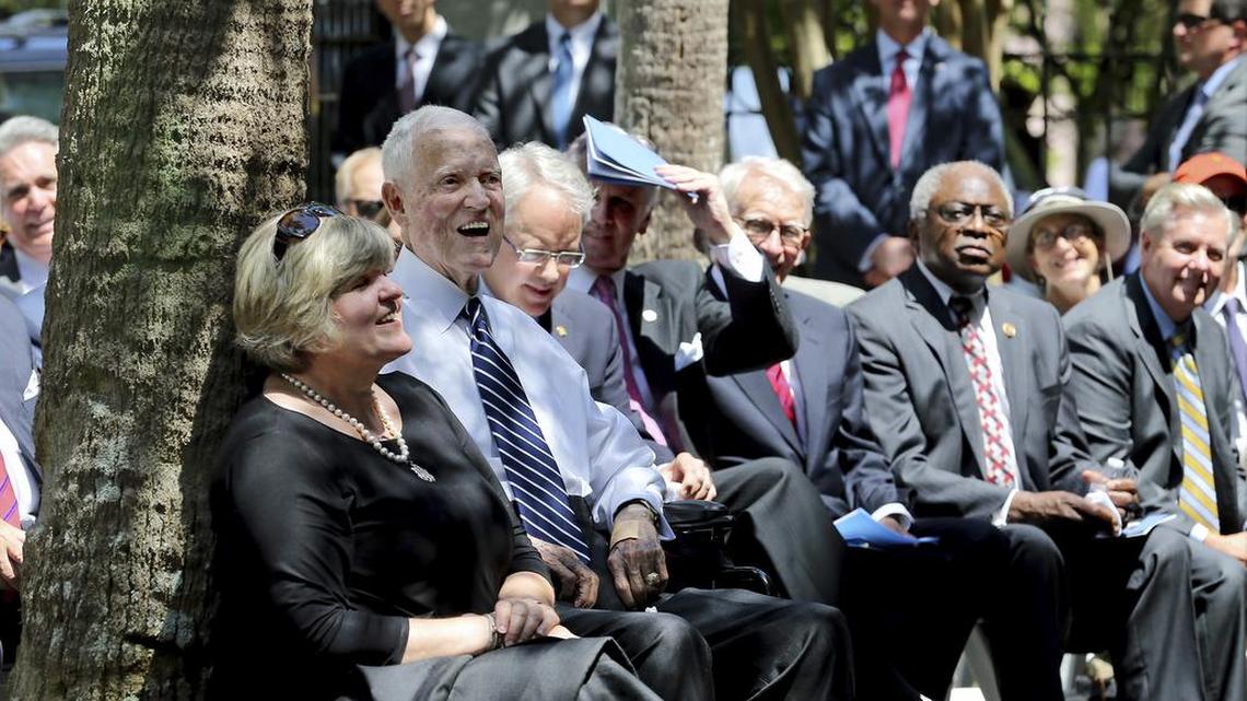 Former senator and South Carolina governor Fritz Hollings joined by Charleston Mayor John Tecklenburg, Gov. Henry McMaster,former Charleston Mayor Joe Riley, U.S. Rep Jim Clyburn and Sen. Lindsey Graham at the ceremony to unveil the statue of Hollings in the garden of the J. Waties Waring Judicial Center Monday in Charleston.