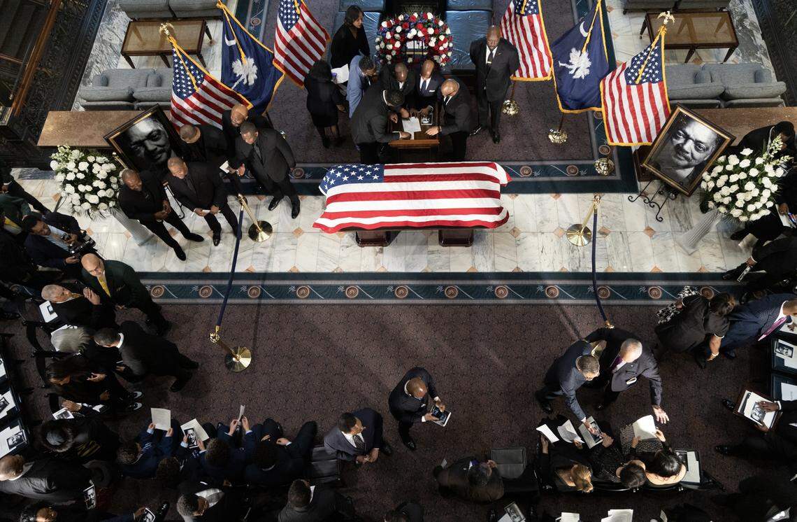 The remains of the Rev. Jesse Jackson rest in the South Carolina State House as the civil rights leader lies in state on Monday, March 2, 2026.