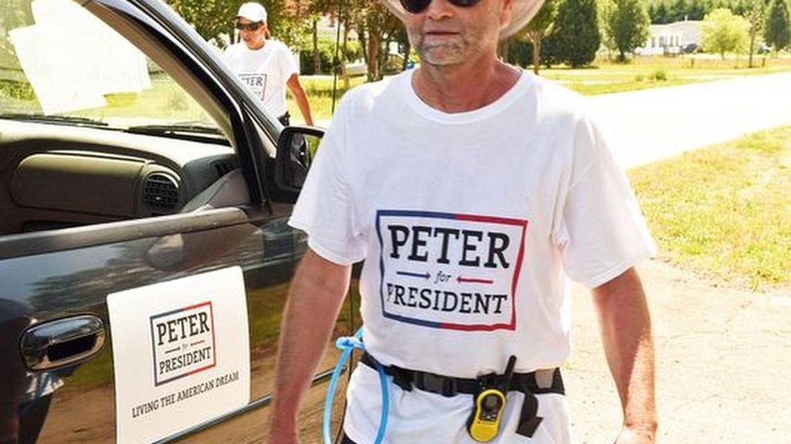 Clemson professor Peter Skewes walks from Clemson to Charleston to raise awareness of his campaign as nominee of the American Party of South Carolina.