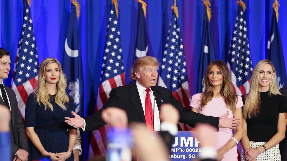 Republican presidential frontrunner Donald Trump thanks South Carolina with family members during his watch party at the Spartanburg Marriott Heritage Ballroom in February.