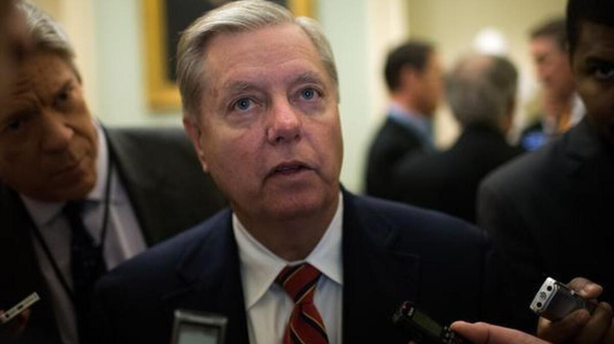 Sen. Lindsey Graham (R-SC) speaks with reporters before a weekly policy meeting with Senate Republicans, at the U.S. Capitol, May 10, 2016, in Washington, DC.