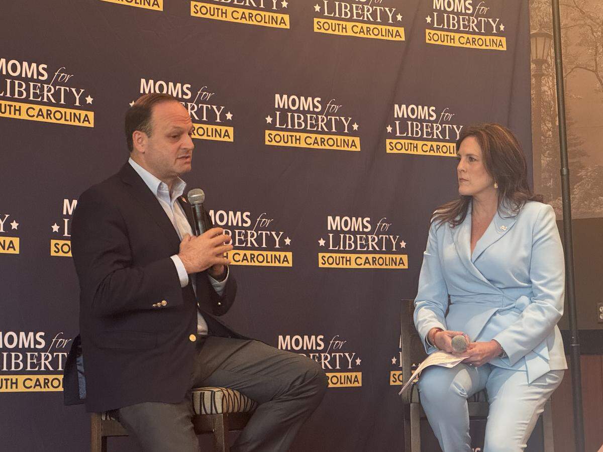 South Carolina Attorney General Alan Wilson speaks at a Moms for Liberty event on technology use on Saturday, Aug. 16, 2025 at the University of South Carolina Alumni Center. Wilson is joined by Moms for Liberty co-founder Tiffany Justice.