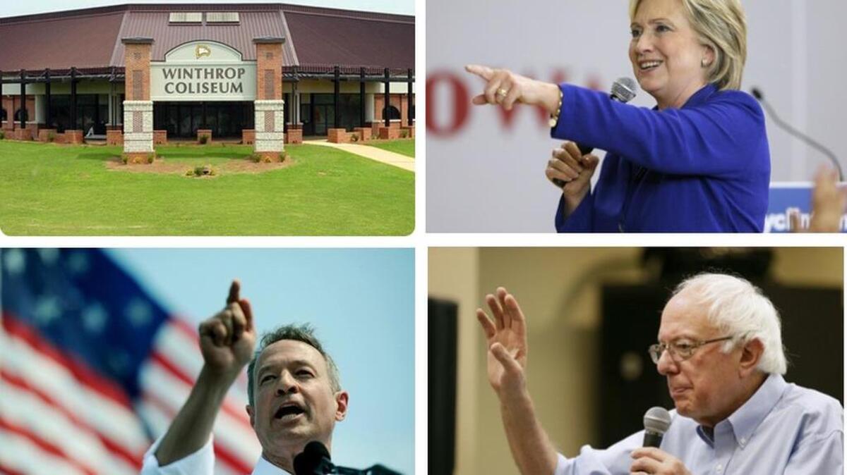 
The Nov. 6 Democratic presidential forum at Winthrop Coliseum will feature (clockwise, from top right) Hillary Clinton, Bernie Sanders and Martin O’Malley. 
