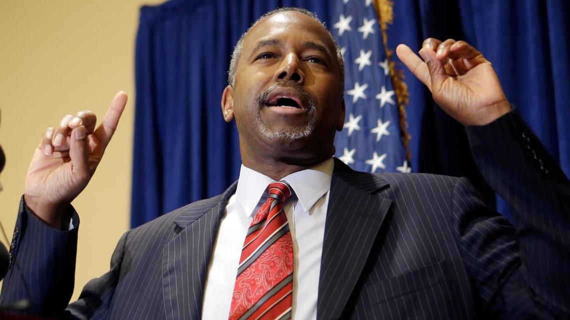 Republican presidential candidate Ben Carson speaks to reporters during a news conference before the Black Republican Caucus of S. Florida "Diamonds & Ice" Scholarship gala, Friday, Nov. 6, 2015, in Palm Beach Gardens, Fla. (AP Photo/Alan Diaz)